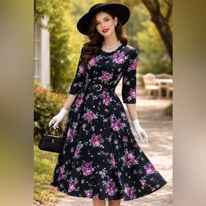 Vintage-Inspired Black Midi Dress with Purple Rose Print